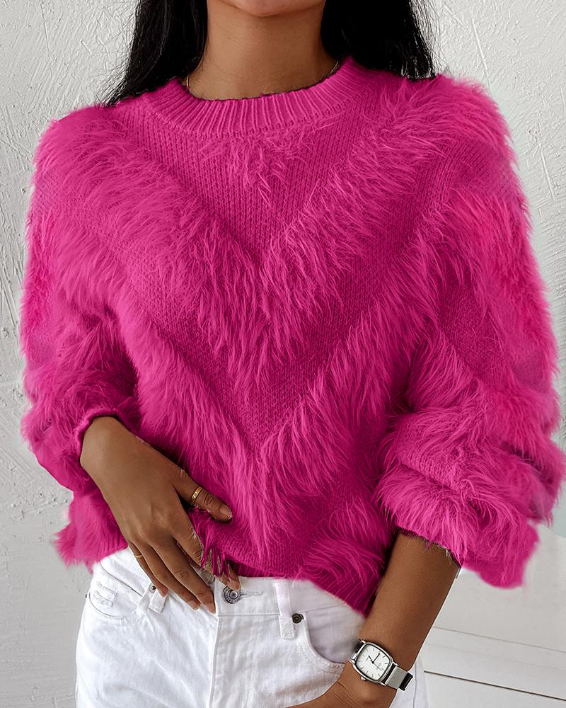 

Chevron Pattern Fluffy Tassel Design Sweater, Hot pink