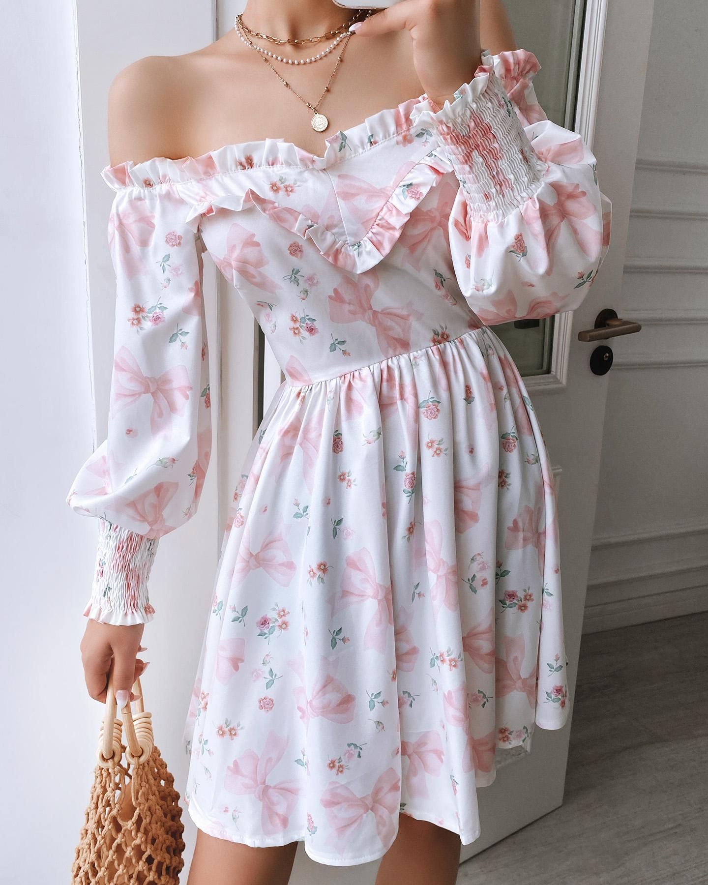

Floral Print Off Shoulder Puff Sleeve Mini Dress, White