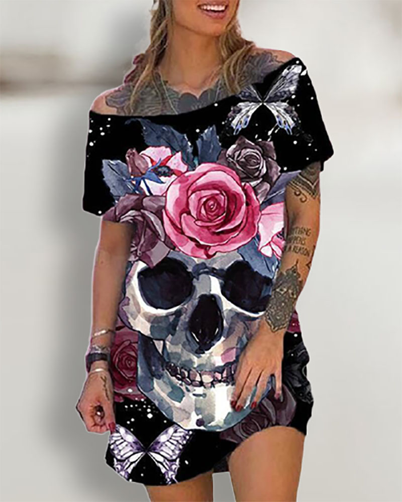 

Halloween Short Sleeve Skull Floral Print T-shirt Dress, Black