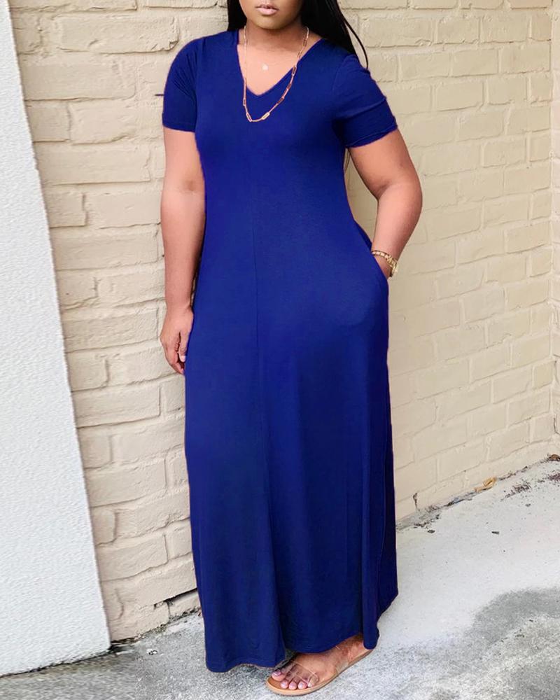 

Plus Size Short Sleeve Pocket Detail Maxi Dress, Blue