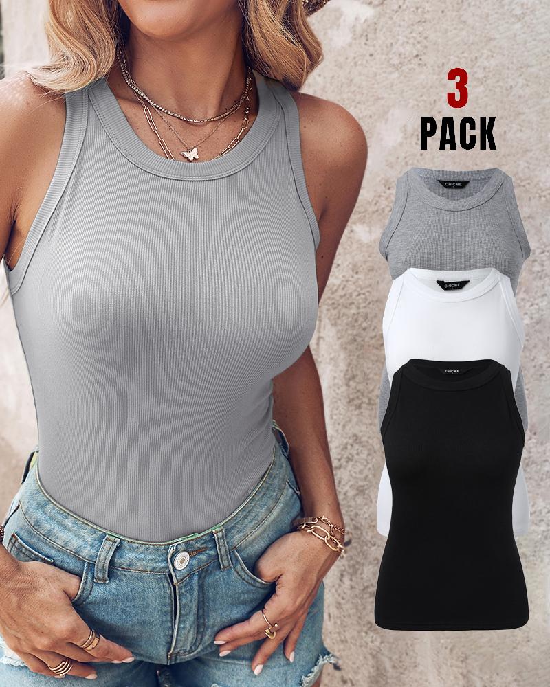 

3-Pack Knit Round Neck Thick Strap Racerback Tank Tops, Style4