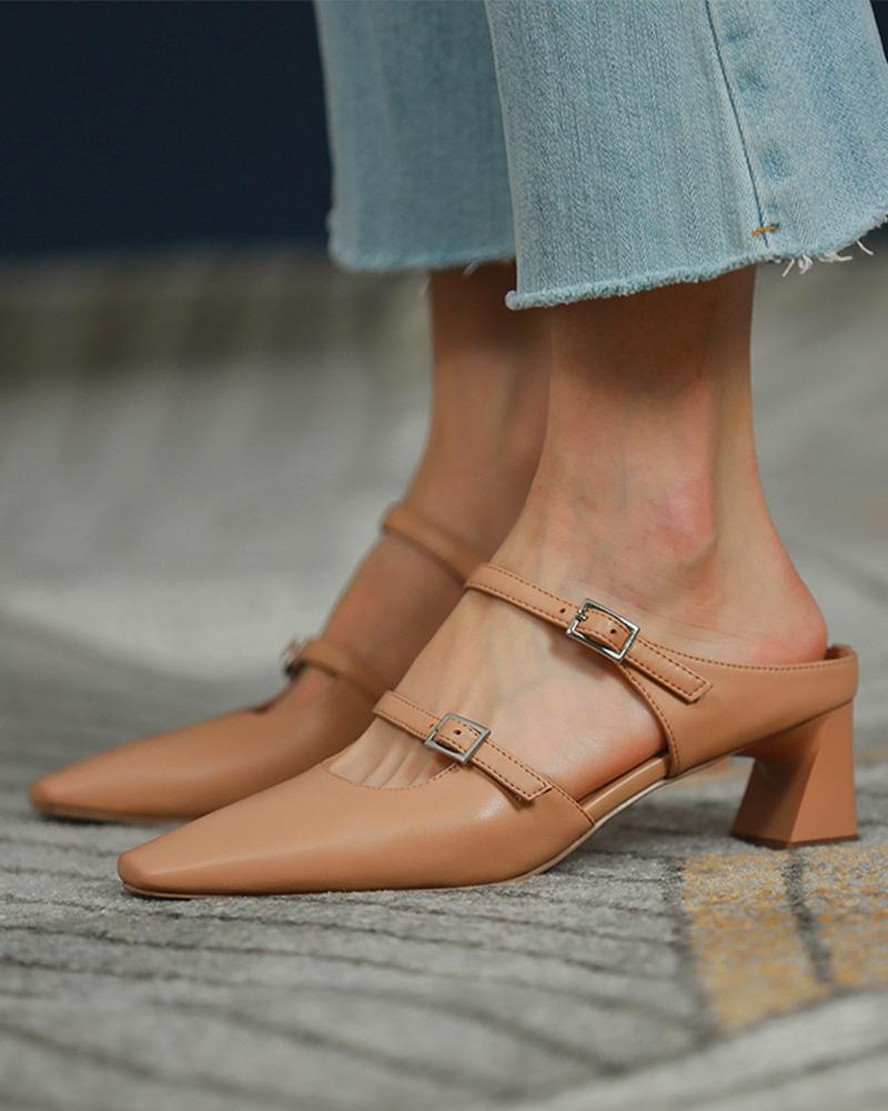 

Double Buckled Square Toe Chunky Heels, Apricot