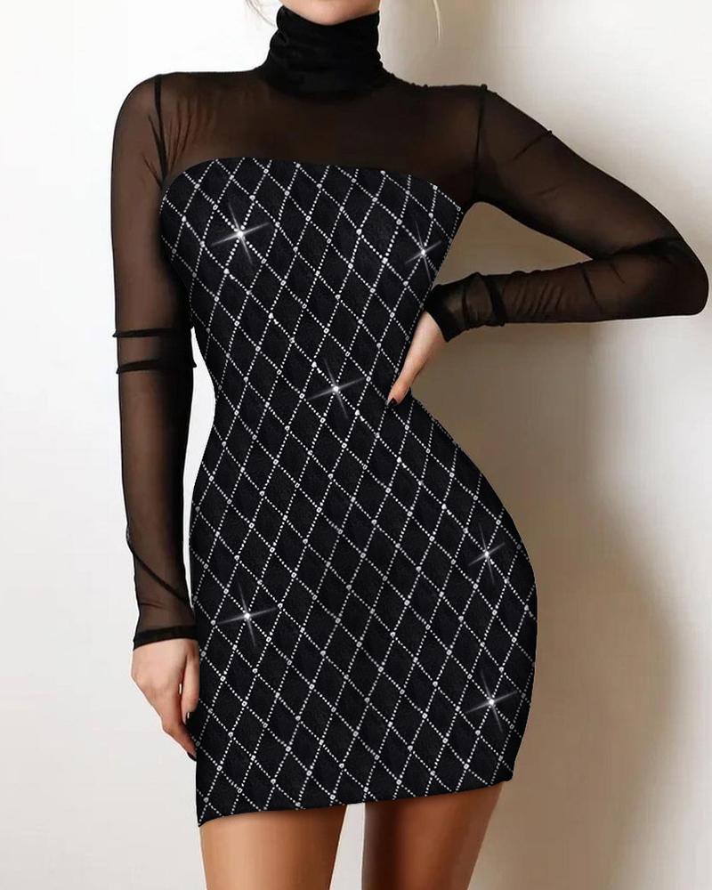 

Rhinestone Argyle Pattern Contrast Mesh Bodycon Dress, Black