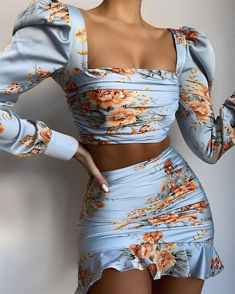 

Print Casual Crop Top & Skirt Sets, Blue