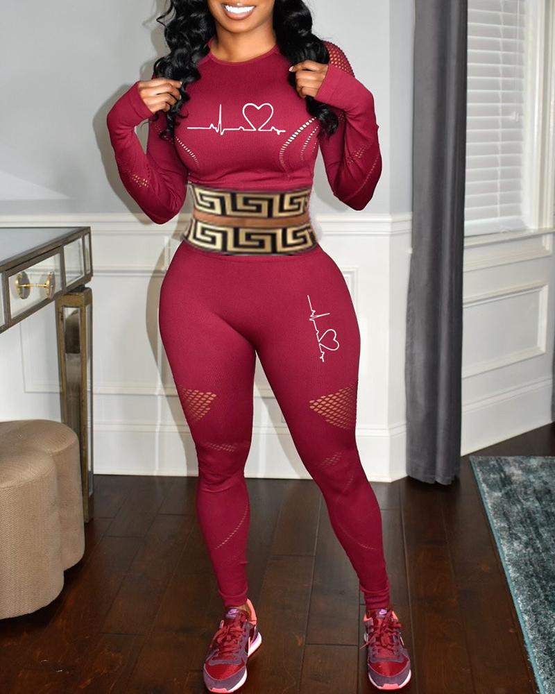 

Heart Geo Pattern Print Top & High Waist Pants Set, Wine red