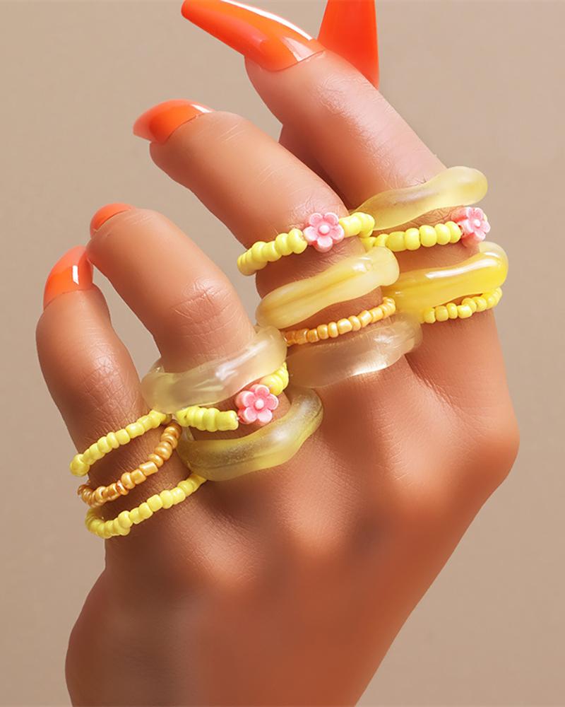 

14pcs Floral Pattern Beaded Bohemian Rings Set, Style2