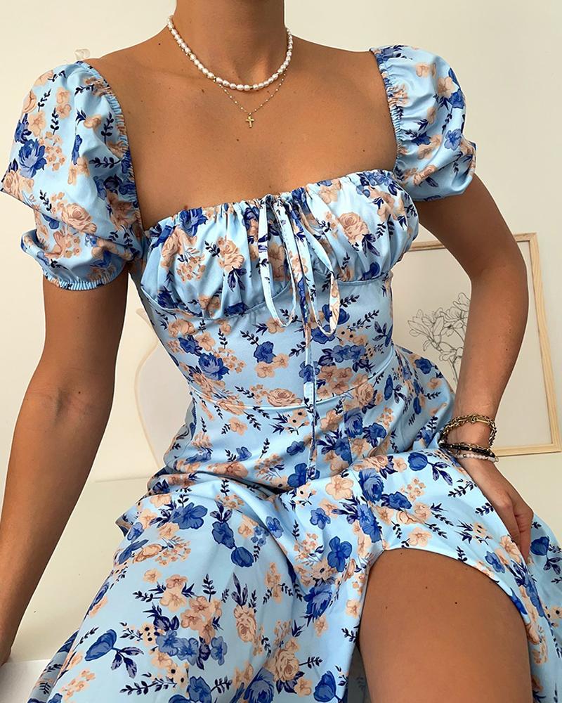 

Floral Print Drawstring Ruched Slit Maxi Dress, Blue
