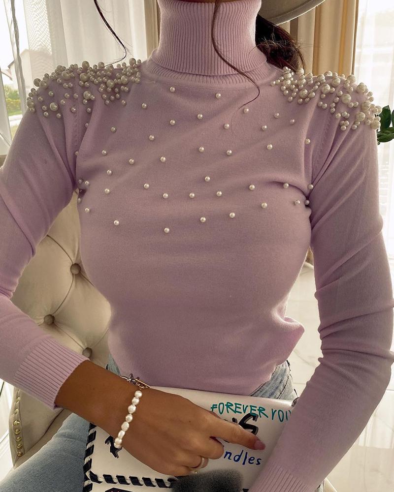 

Beaded High Neck Long Sleeve Sweater, Pink