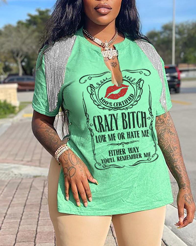 

Lip Letter Print Tassel Design Slit T-shirt, Green