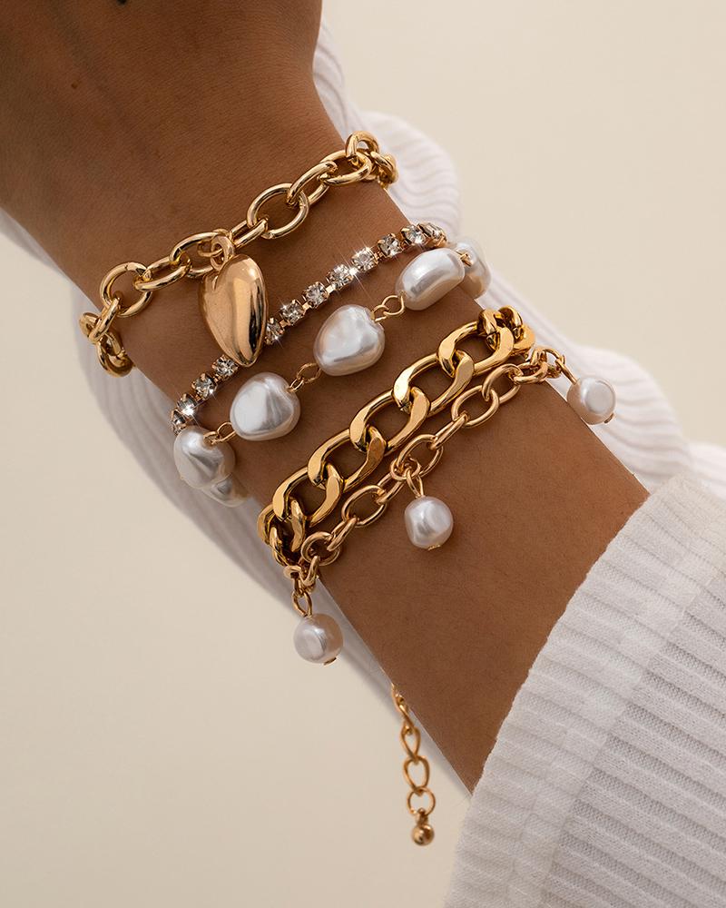 

Beaded Studded Heart Pattern Chain Bracelet, Gold