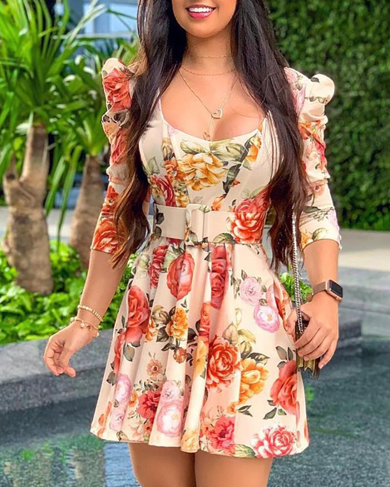 

Floral Print Puff Sleeve Dress With Belt, Apricot