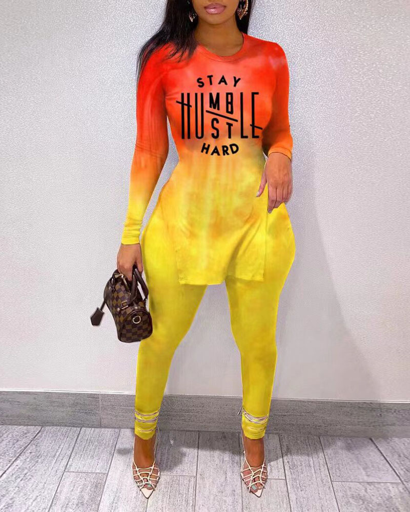 

Ombre Letter Print Split Hem Top & High Waist Pants Set, Yellow