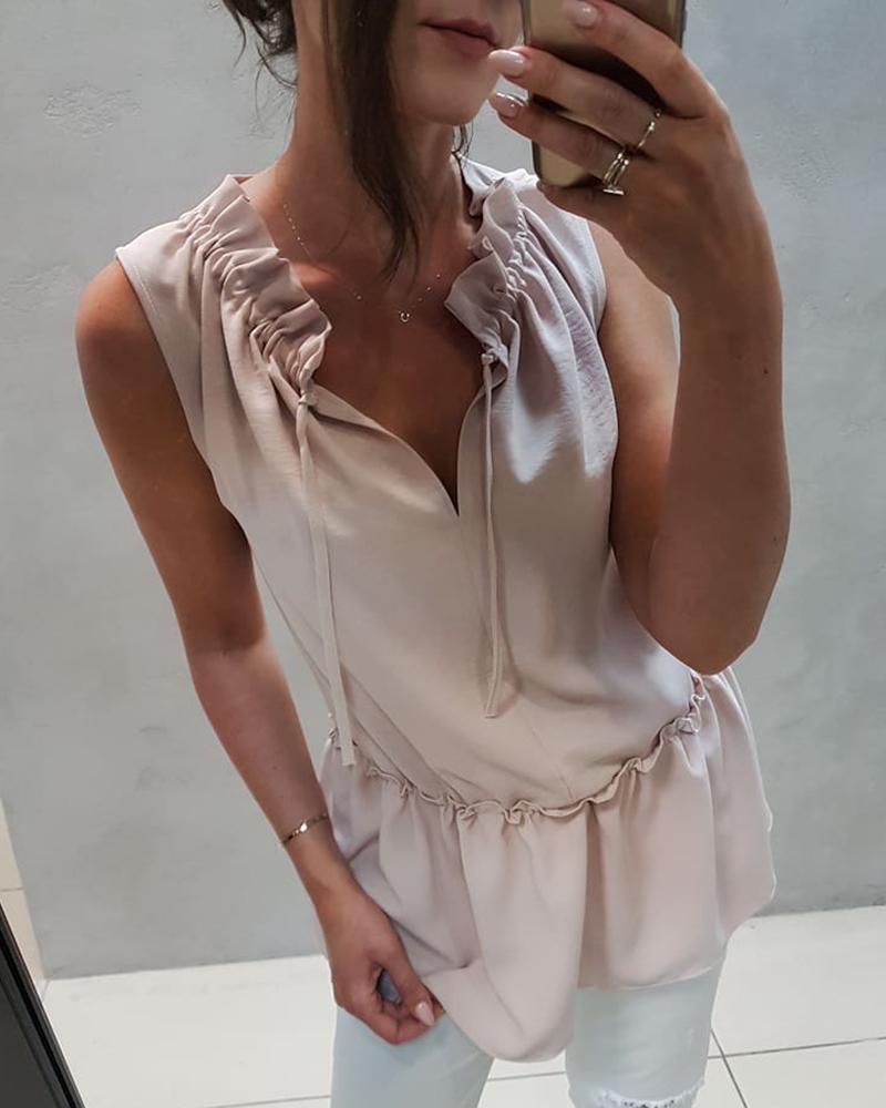 

Frill Hem Drawstring Sleeveless Casual Top, Apricot