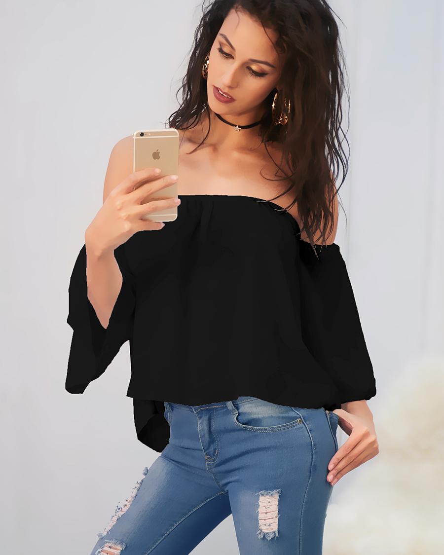 

Off Shoulder 3/4 Sleeve Pleated Chiffon Blouse, Black