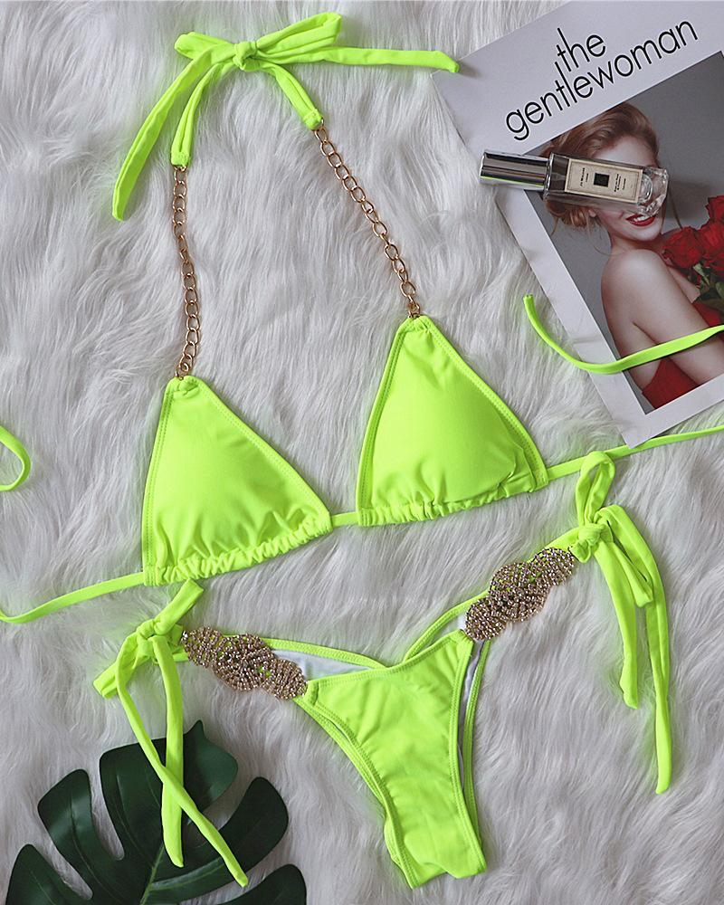 

Sleeveless Tied Detail Rhinestone Decor Bikini Set, Lvs green