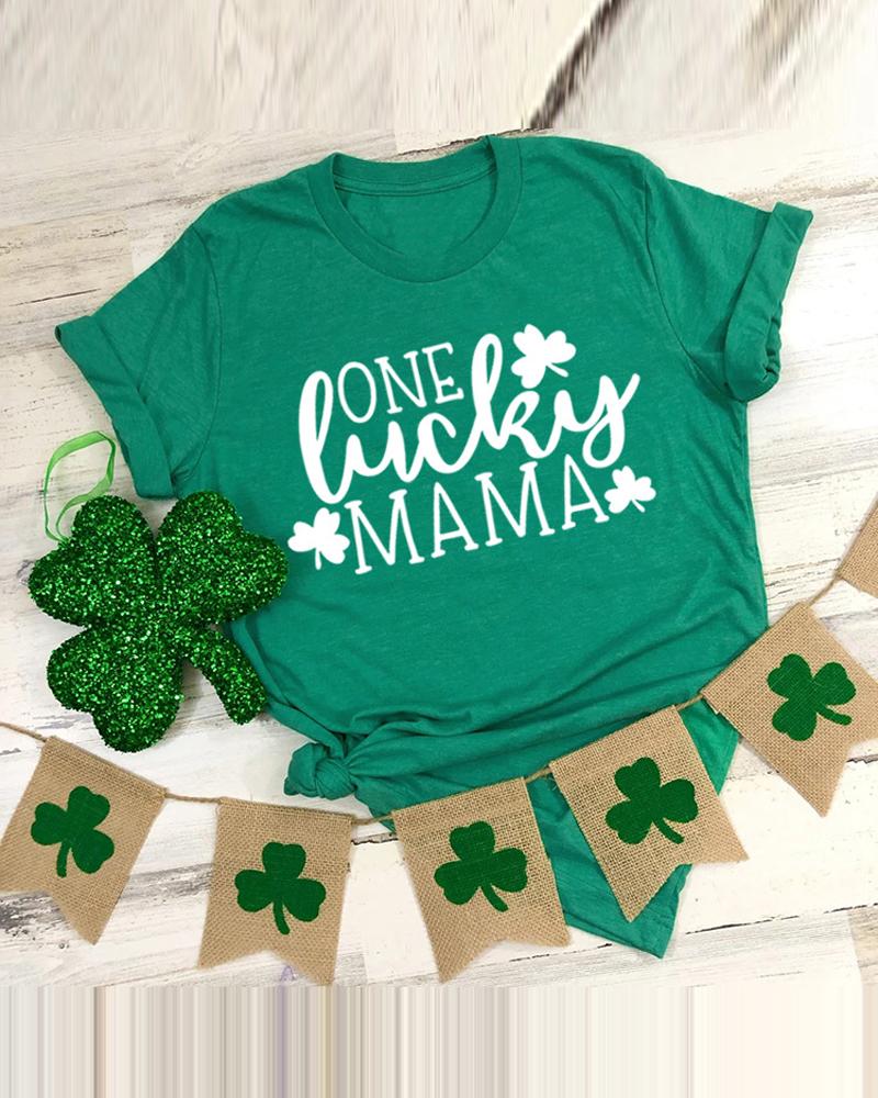 

St. Patrick' Day Letter Clover Print Casual T-shirt, Green