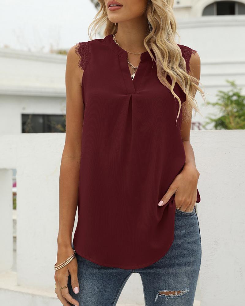 

Contrast Lace V-Cut Casual Tank Top, Wine red