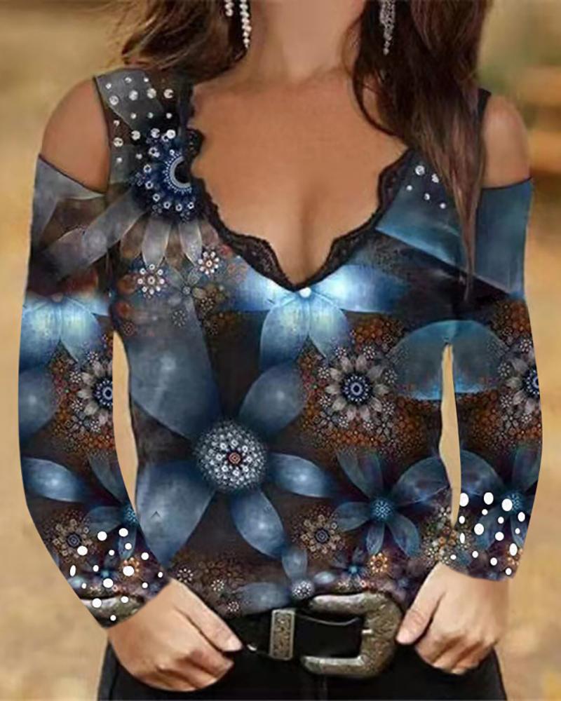 

Cold Shoulder Floral Print Colorblock Lace Trim Beaded Top, Light blue