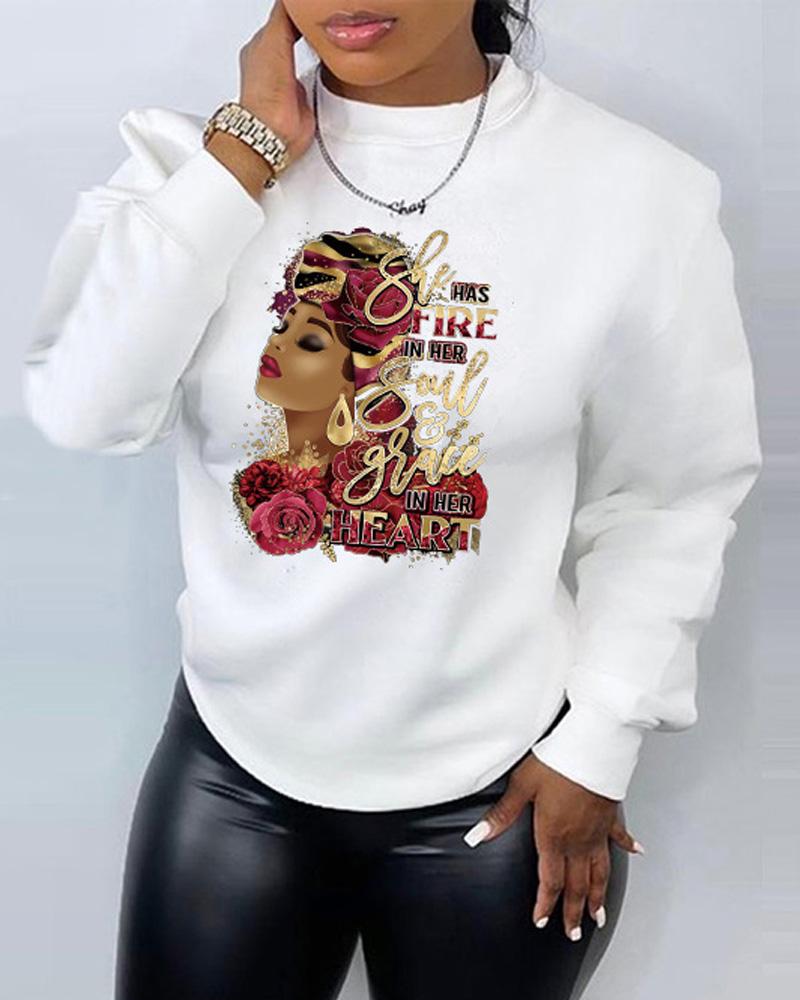 

Plus Size Figure Letter Print Long Sleeve Sweatshirt, White
