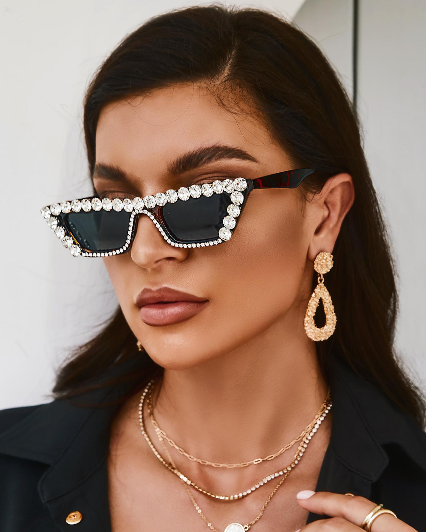 

1Pair Cat Eye Shaped Rhinestone Decor Sunglasses, Leopard