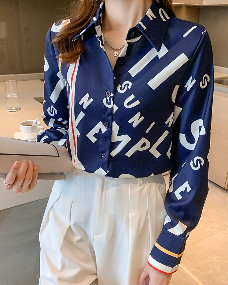 

Letter Print Button Front Long Sleeve Shirt, Blue