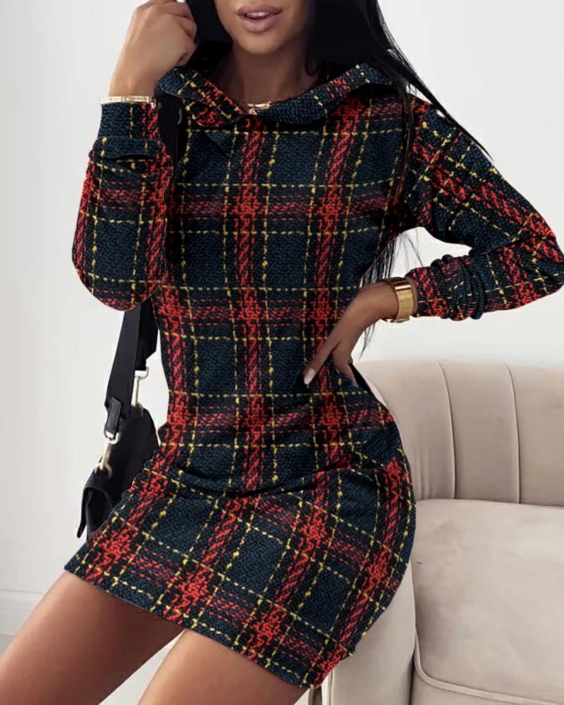 

Plaid Print Hooded Long Sleeve Sweatshirt Dress, Red