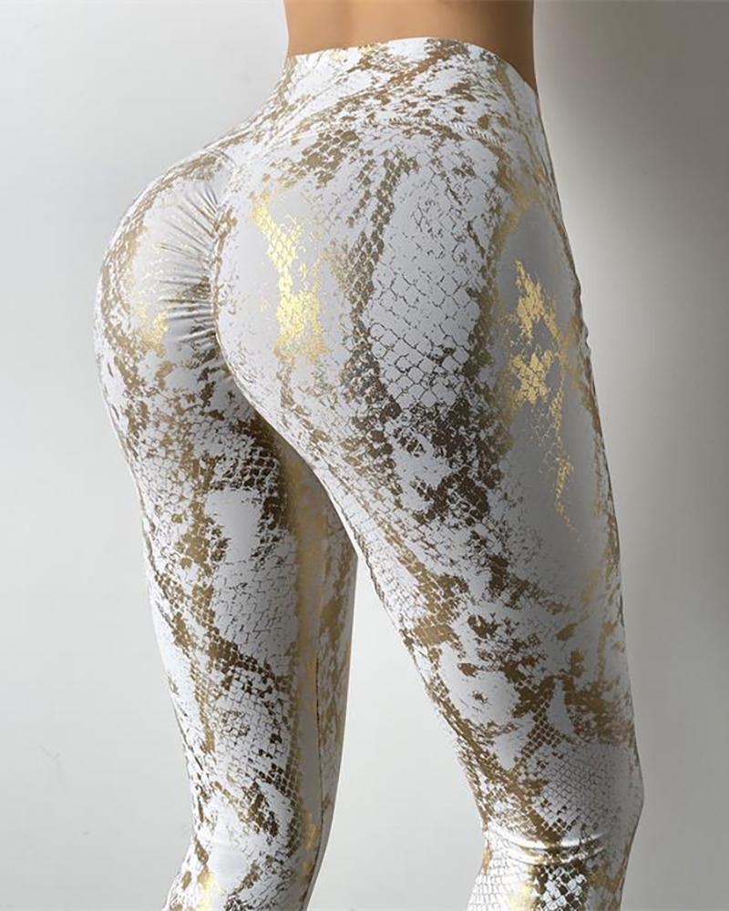 

Snakeskin Print Bronzing High Waist Butt Lifting Tummy Control Yoga Pants, White