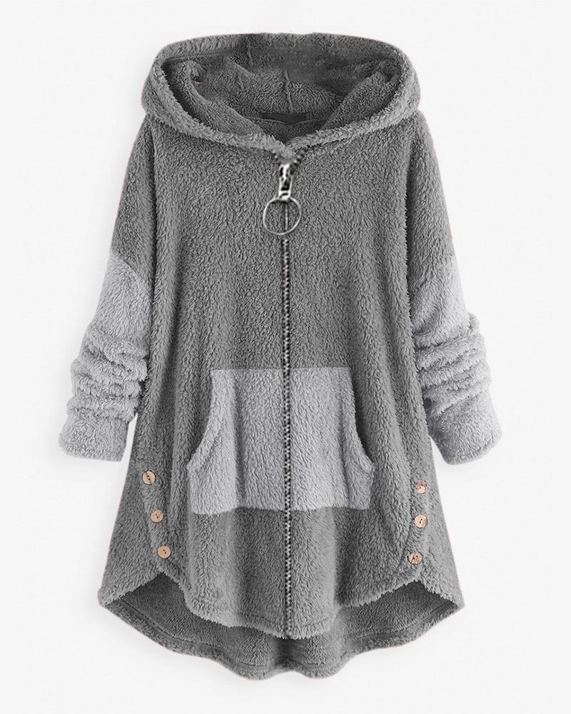 

Patchwork Long Sleeve Hooded Zip Up Teddy Coat, Light gray