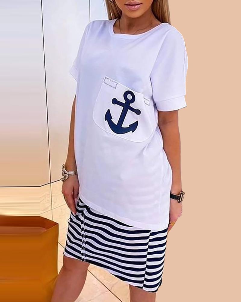 

Boat Anchor Print Button Front T-Shirt & Striped Print Skirt Sets, White