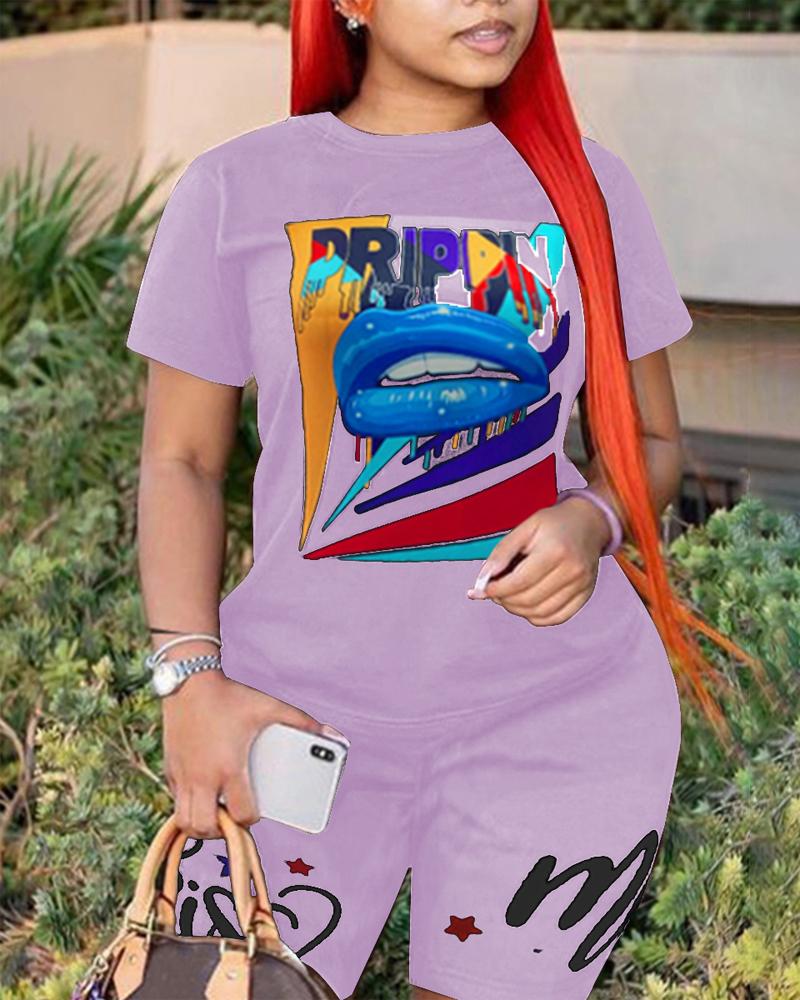 

Plus Size Lip Letter Print Casual Top & Shorts Set, Purple