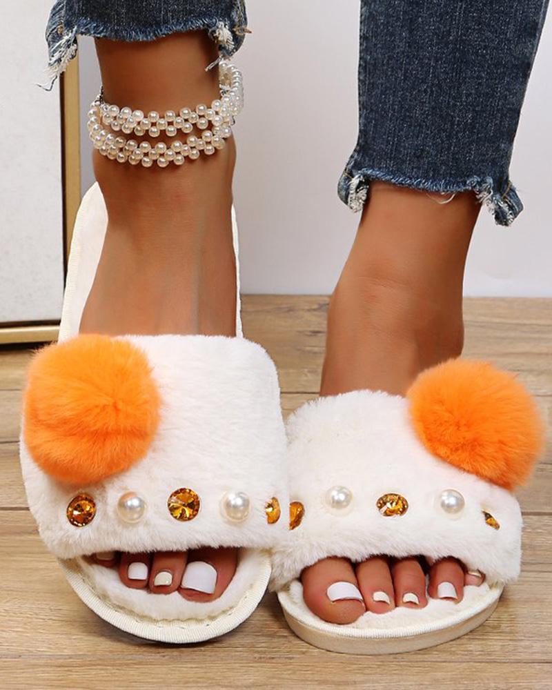 

Pom Pom Pearls Decor Fuzzy Slippers, Orange