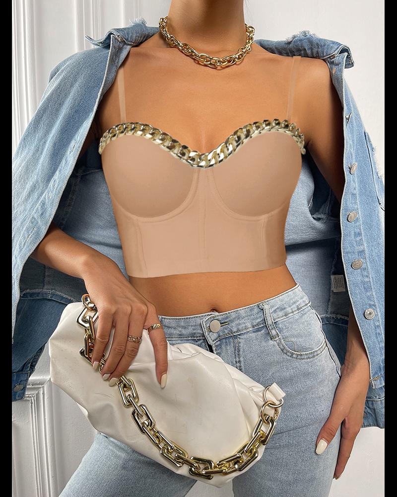 

Chain Decor Spaghetti Strap V-Neck Corset Top, Nude