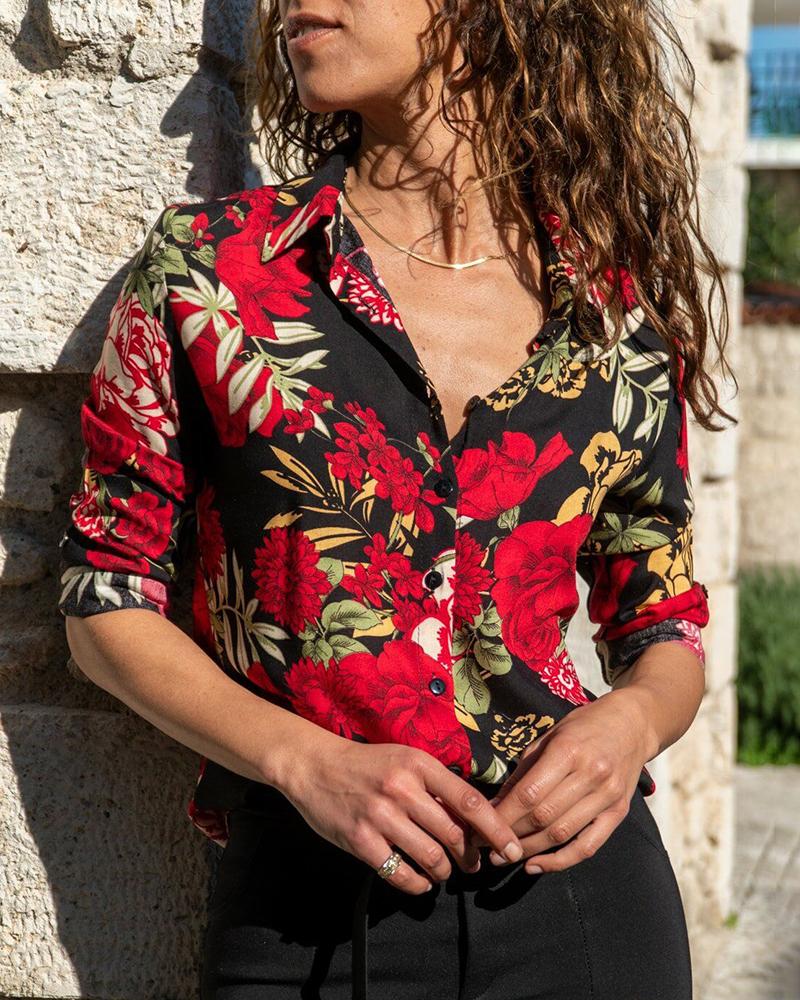 

Floral Print Buttoned Long Sleeve Shirt, Red