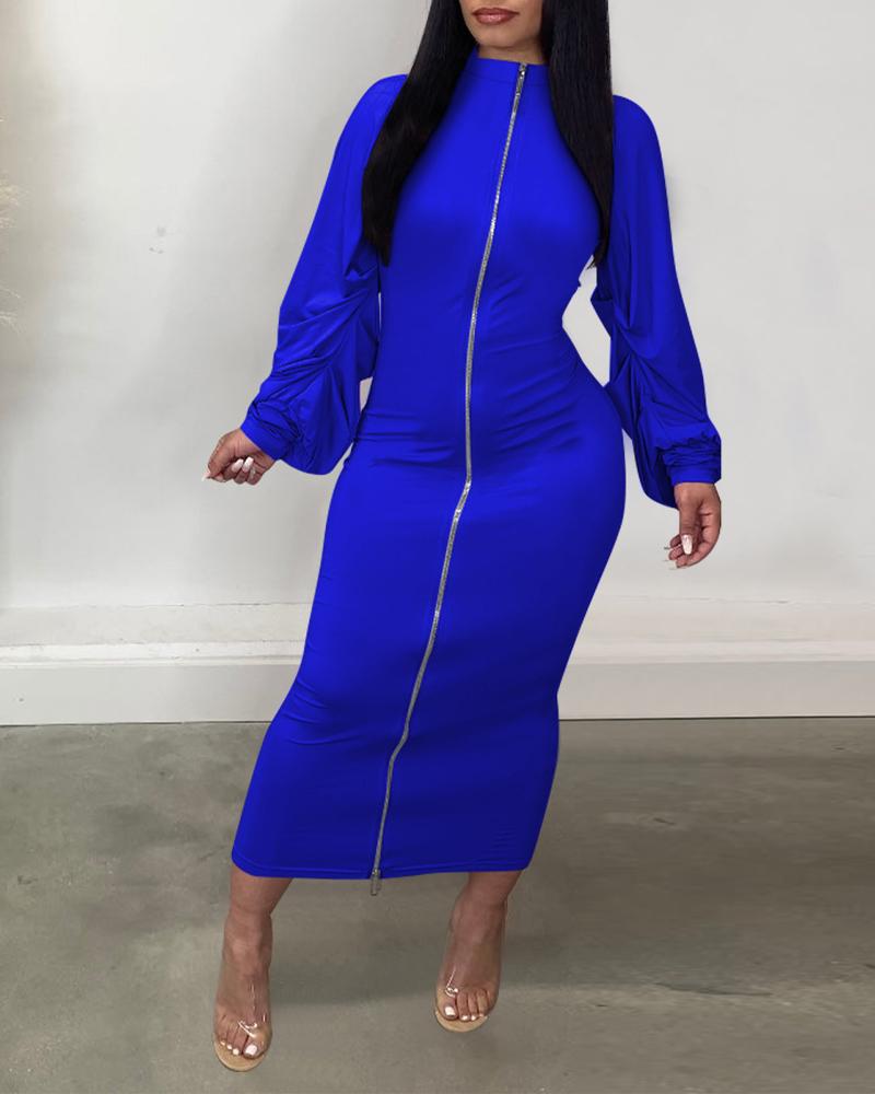 

Ruched Lantern Sleeve Zip Front Bodycon Dress, Blue