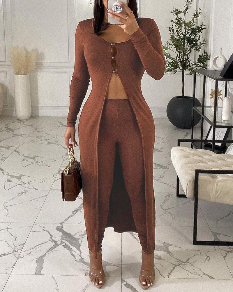 

Button Front Longline Top & Pants Set, Brown