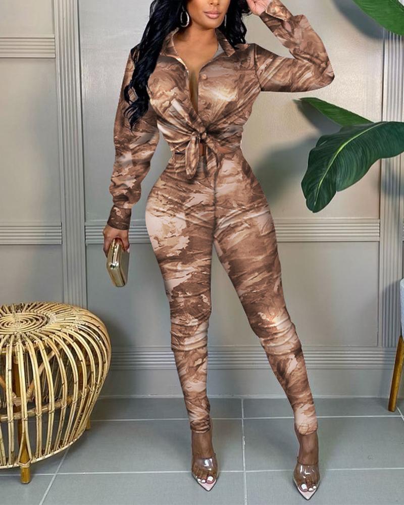 

Abstract Print Button Down Shirt & Pants Set, Khaki