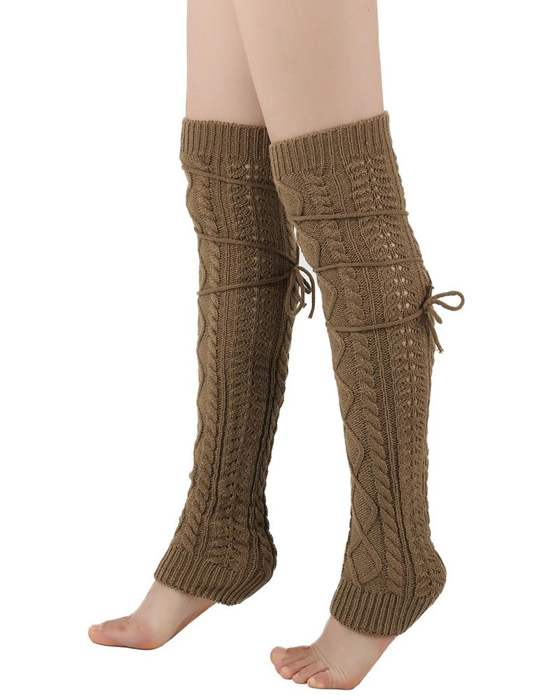 

Knit Cable Crisscross Thigh-High Leg Warmers, Khaki