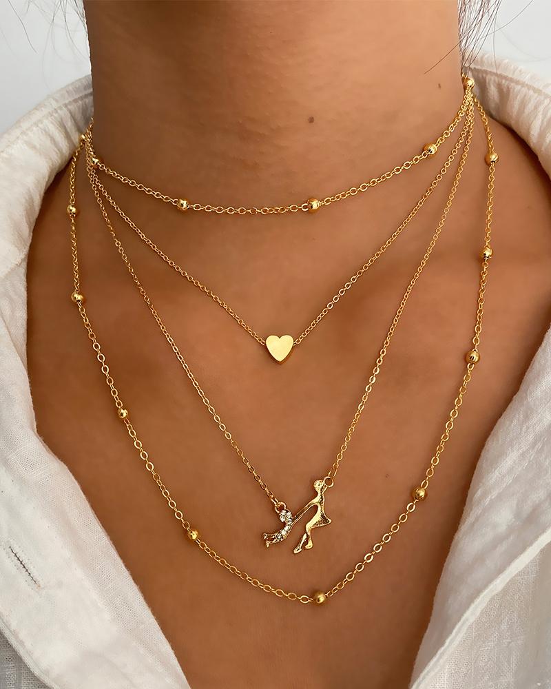

1pc Graphic Layered Heart Pendant Necklace, Gold