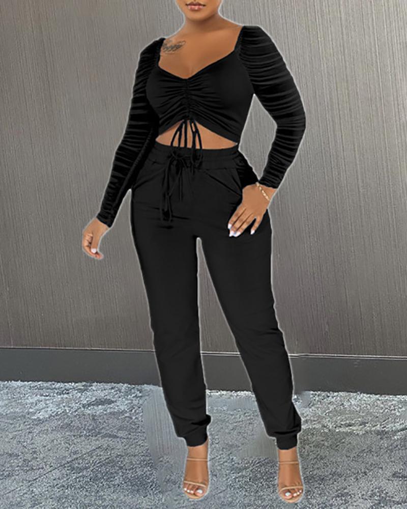 

Drawstring Ruched Top & Pocket Design Pants Set, Black