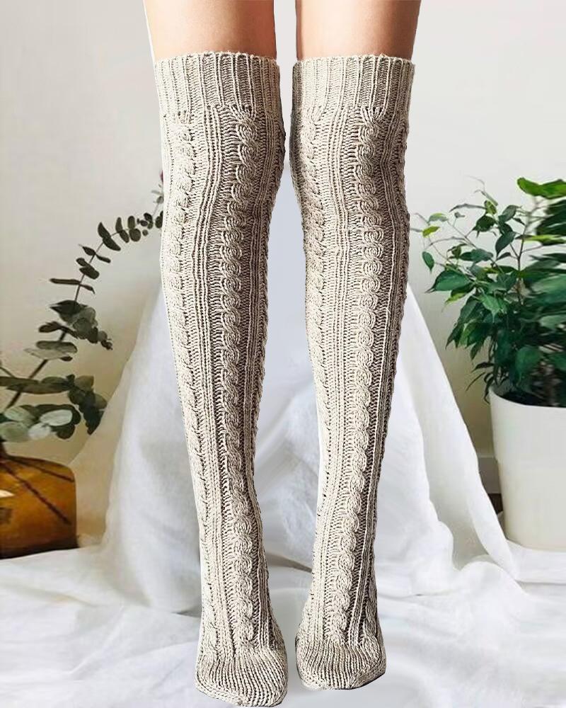 

1Pair Over The Knee Cable Knit Winter Thermal Socks, Coffee