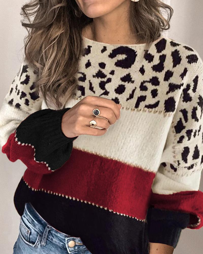 

Cheetah Print Colorblock Long Sleeve Casual Sweater, Red