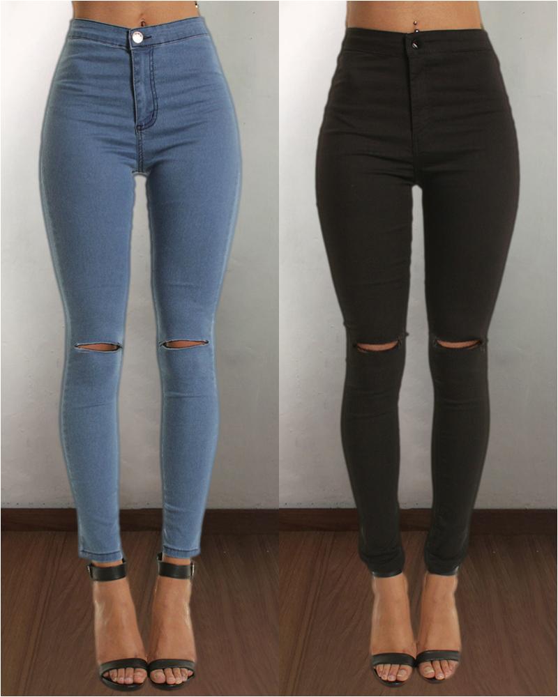 

Cutout High Waisted Button Design Denim Pants, Black