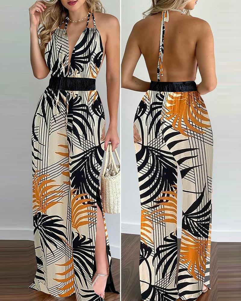 

Tropical Print Halter V Neck Jumpsuit, Orange