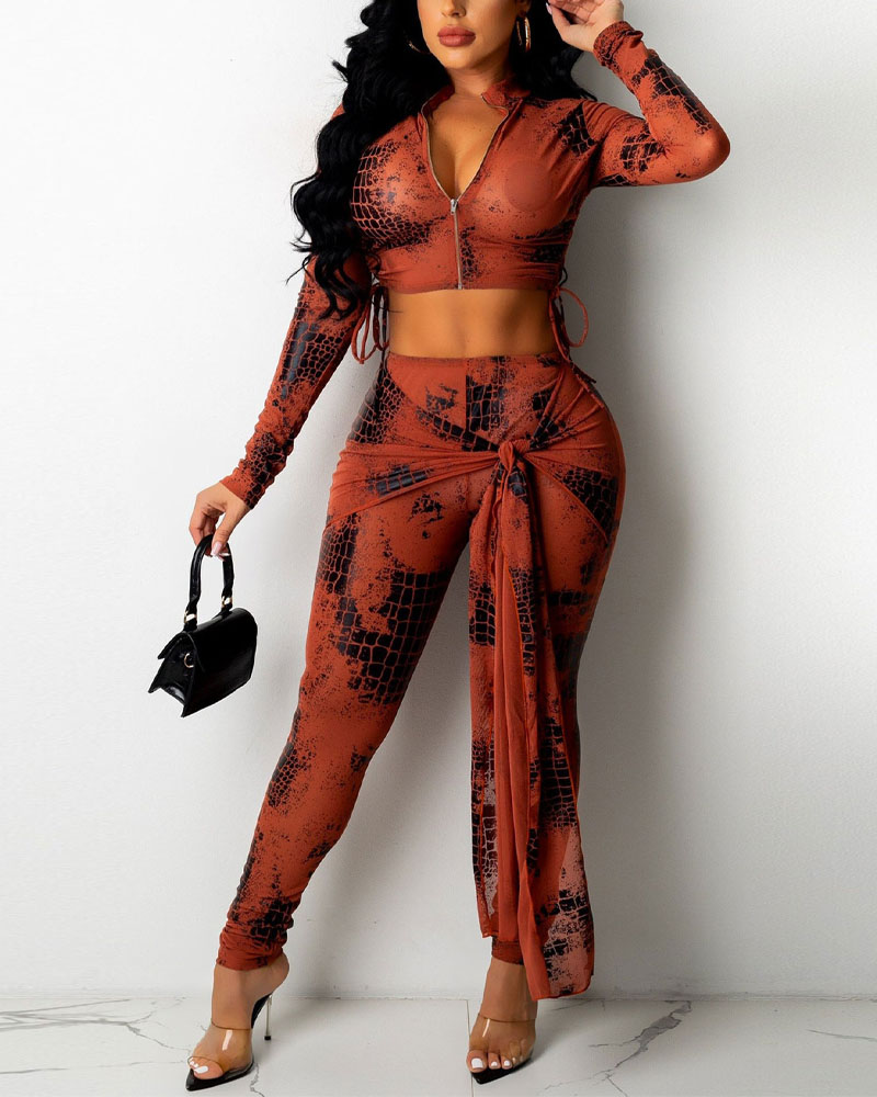 

Abstract Print Zip Up Crop Top & Tied Detail Pants Set, Red