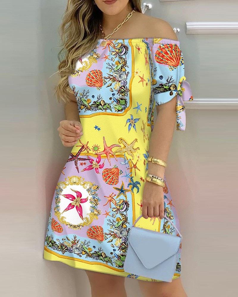

Plus Size Graphic Print Off Shoulder Casual Dress, Yellow