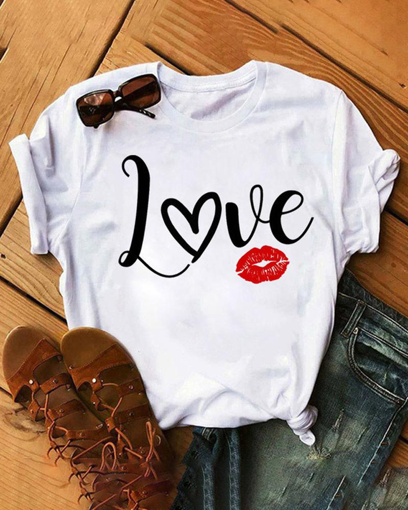 

Plus Size Valentine's Day Love Lip Print Casual T-shirt, White