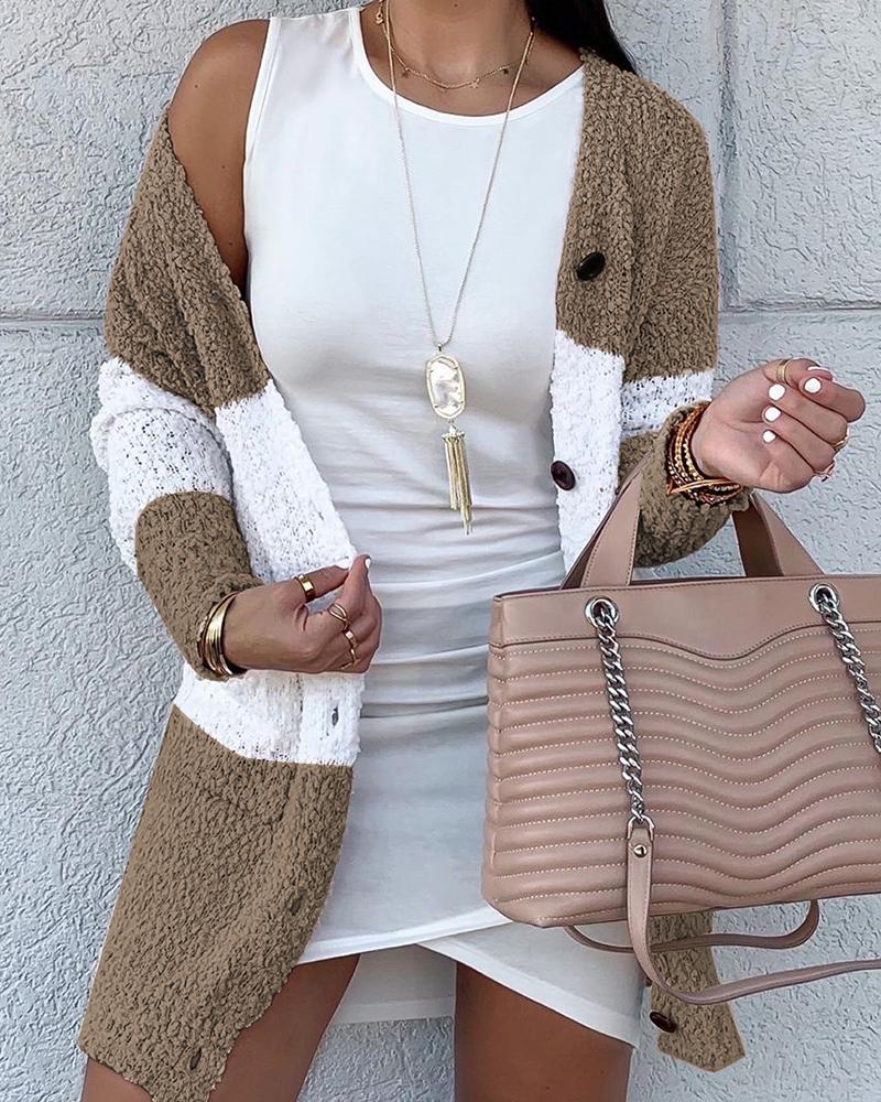

Colorblock Insert Open Front Buttoned Fluffy Cardigan, Khaki