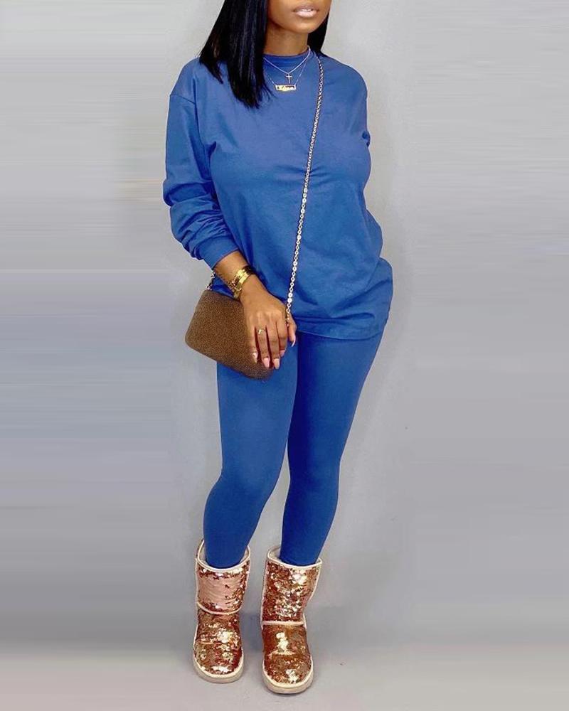 

Plain Long Sleeve Sweatshirt & Skinny Pants Set, Blue