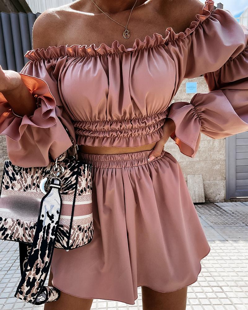 

Lantern Sleeve Shirred Frill Hem Top & Shorts Set, Pink