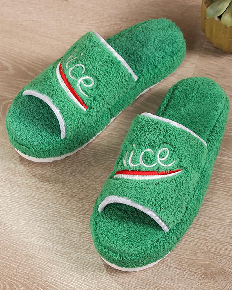 

Fuzzy Letter Pattern Platform Slippers, Green